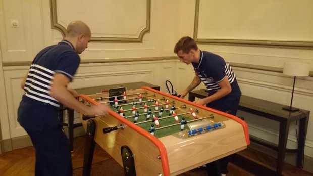 Antoine playing table football with Christophe Jallet 