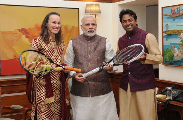 Leander Paes-Martina Hingis present Australian Open winning racquets to Indian PM Narendra Modi