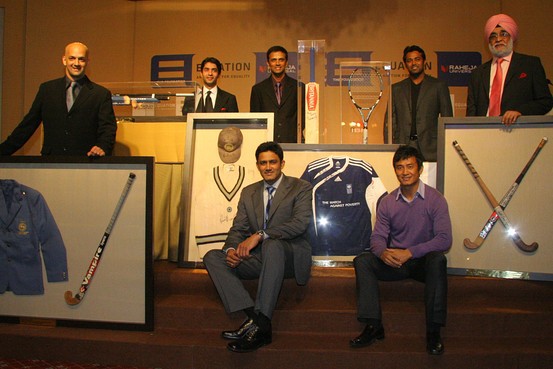 Paes along with other Indian sports men along with their sports items for an auction to a charity foundation