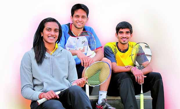 P.V. Sindhu with Parupalli Kashyap and Srikanth Kidambi