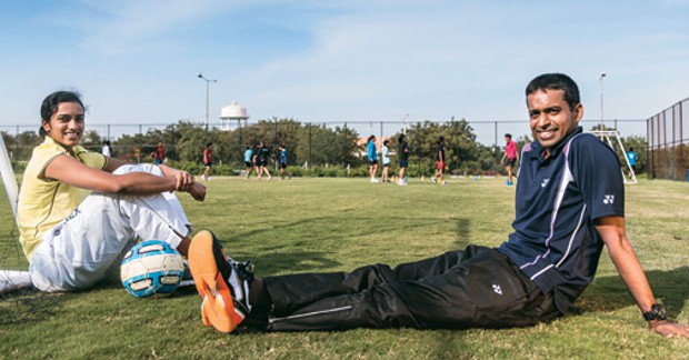 PV Sindhu with her coach Gopi at Gopichand academy in Hyderabad