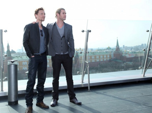 Tom Hiddleston and Chris Hemsworth at the photo call for The Avengers in Moscow
